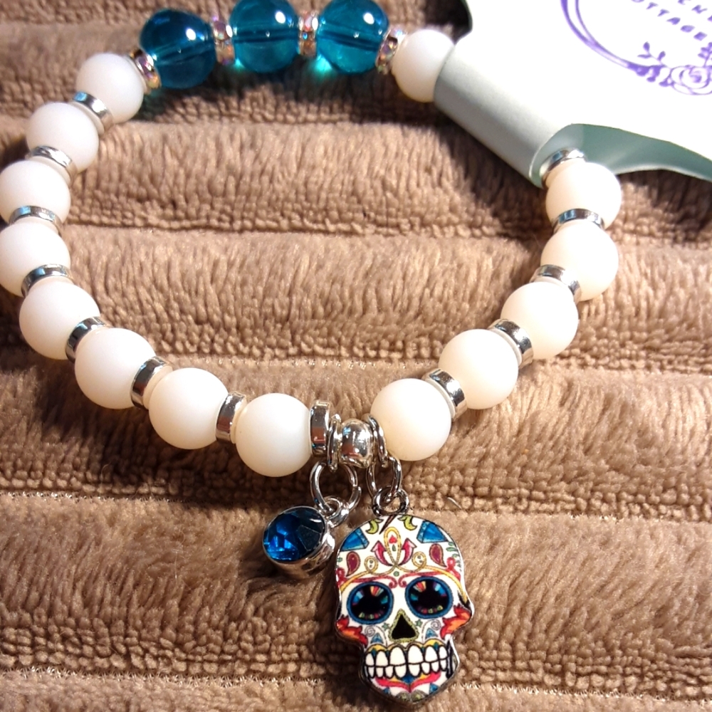 Hand Crafted Sugar Skull Stretch Bracelet White  Blue  7.5"